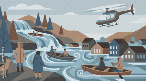 Flood disaster with boat evacuation, submerged houses, and rescue helicopter