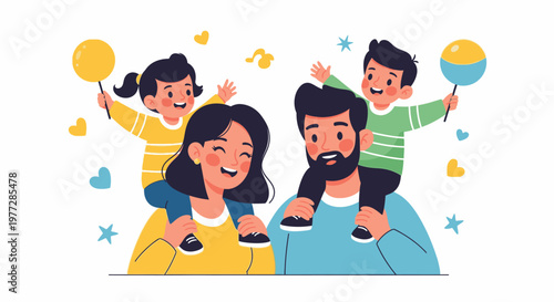 Happy family with two children sitting on father's shoulders outdoors