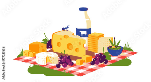 A picnic scene featuring cheese, wine, crackers, grapes, and bread on a blanket outdoors