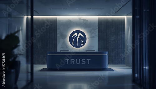 Modern Office Reception Area With Company Logo And Trust Desk In Blue Tones