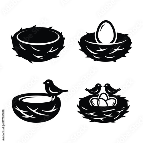 Bird Nests With Eggs And Birds Silhouettes vector illustration