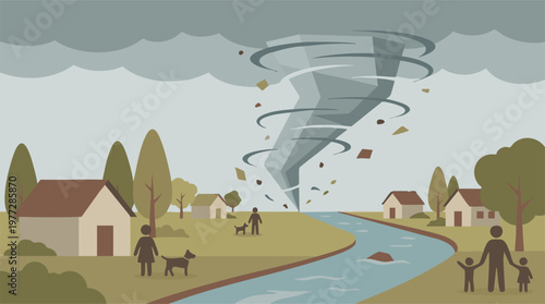 Flat design illustration of a powerful tornado striking a residential area