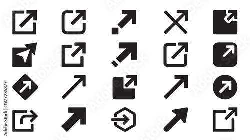 Set of diverse black diagonal arrow icons symbolizing expansion, redirection, and navigation