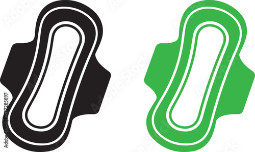 A minimalist black silhouette icon of a feminine sanitary napkin, representing menstrual hygiene, women health, personal care, and wellness on white background.