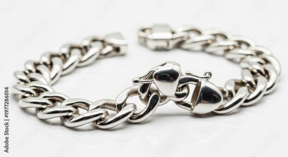 Fototapeta premium Silver curb chain bracelet rests on a clean white surface.