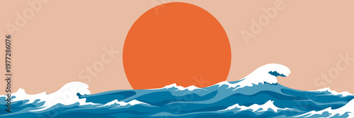 illustration of waves in the middle of the ocean with the sun setting