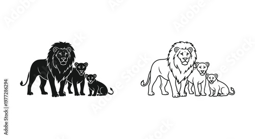 Lion family icons, black and white vector illustrations, lion king symbols, animal family sets