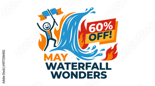 May Waterfall Wonders Sale Icon with Flags and 60% Off