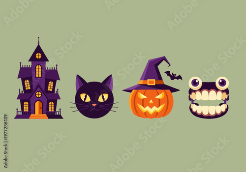 Halloween Vector Icon Set with Haunted House, Black Cat, Pumpkin, and Monster Teeth