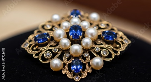 Ornate gold brooch features lustrous pearls and deep blue gemstones arranged in an intricate design.