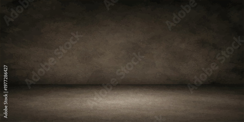 A dark grunge interior featuring a textured gray concrete wall and old cement floor creates a vintage black backdrop for industrial design