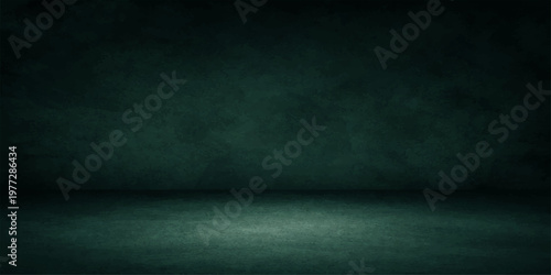 Dark blue grunge interior empty room with a blank vintage chalkboard wall and textured concrete floor creates a dark dirty pattern backdrop