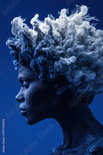 Hyperrealistic portrait of fierce woman with dynamic smoke effect in dark blue lighting