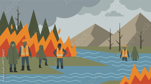 Emergency response teams tackling wildfires and floods, environmental crisis