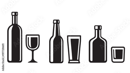 Bottles and glasses with various shapes for beverages and drinks presented in a simple silhouette style