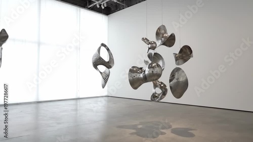 Hanging chrome metal sculptures in a modern white gallery space