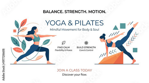 Yoga and Pilates Class Advertisement with Women Doing Poses.