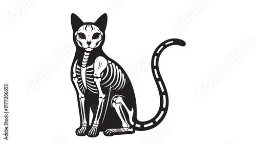Cat skeleton black and white illustration with a detailed bone structure and spooky tail, isolated on a white background.