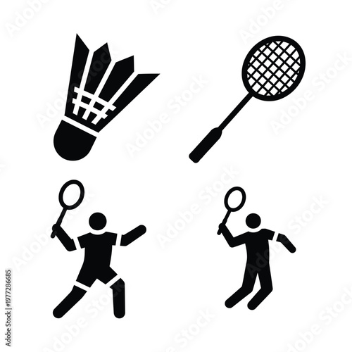 Black Silhouette Icons of Badminton Equipment and Players