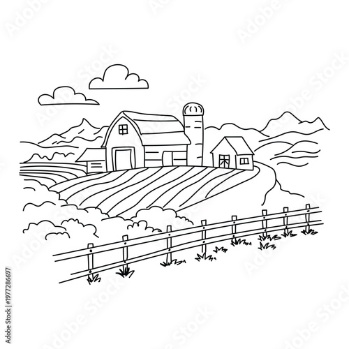 Farm Landscape Illustration with Barn Silo Fields and Mountains