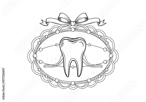 Vintage Dental Illustration of a Human Tooth in an Ornate Decorative Frame with a Ribbon Bow, Black and White Line Art Vector