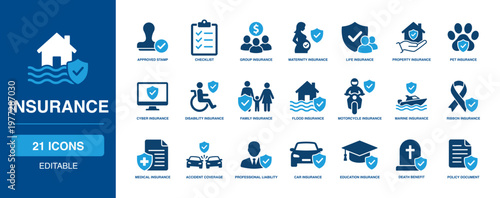 Insurance group maternity life property cyber car policy icon solid vector glyph document coverage benefit liability finance safety risk