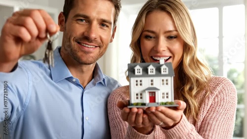 Happy couple smiles, one holding keys and the other a small model house