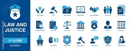 Law justice gavel legal folder courthouse attorney prison icon solid vector glyph cell police badge document advice regulation authority