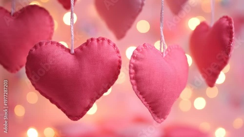 Hanging, stitched, pink heart decorations with blurred background bokeh lights