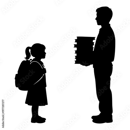 Silhouette of schoolgirl and teacher, black silhouettes, education icons, school vector graphics