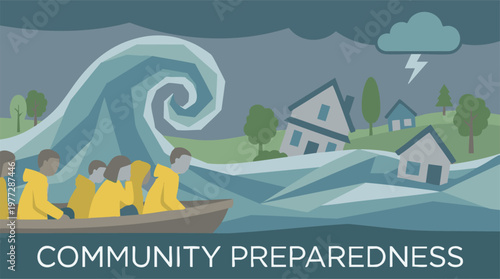 Community preparedness during flood or tsunami disaster, people evacuating.