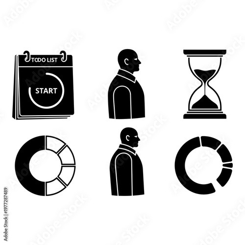 Business productivity icons, todo list, time management, workflow symbols, black vector graphics