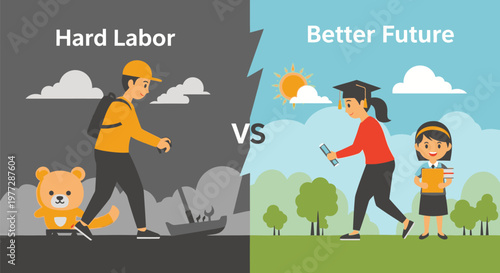 A woman walks towards a better future with her child and pet while another person struggles with hard labor.