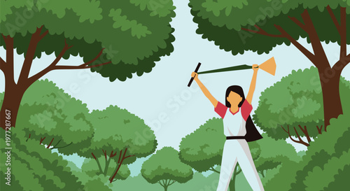 Woman happily holds axe in forest surrounded by lush green trees and foliage.