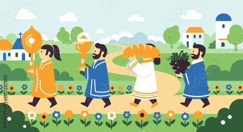 People in traditional clothing walking on a path with food and flowers in a countryside village landscape.