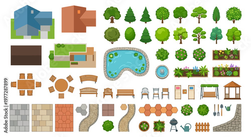 Colorful collection of top down landscape and garden design elements