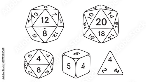 Dice game polyhedral shapes with numbers for tabletop role-playing games and board games, isolated on white