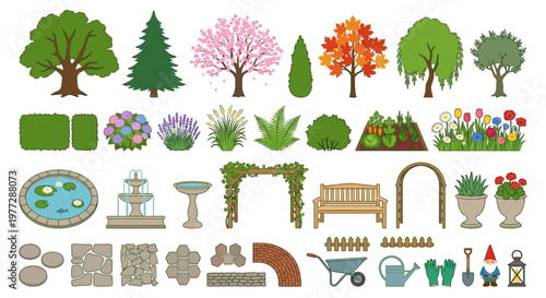 Colorful collection of garden elements trees and landscaping features