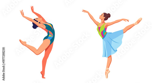 Two female dancers gracefully performing expressive movements in colorful attire