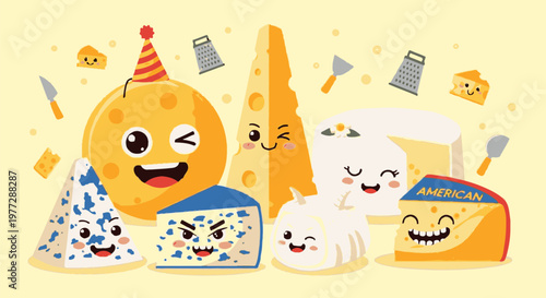 Cheese varieties with smiling faces celebrate a festive party