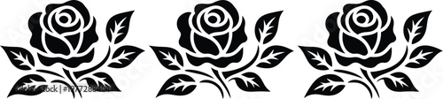Rose floral border, horizontal silhouette design with three blooming roses leaves and buds isolated on white background for elegant decorative layout.