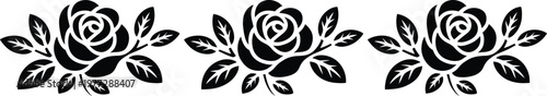 Rose floral border, bold horizontal silhouette featuring three roses leaves and buds on white background for romantic decoration and graphic design use.