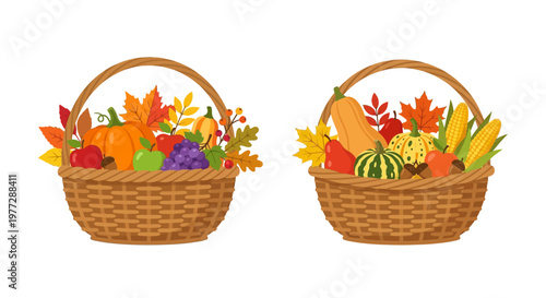 Two woven baskets overflowing with autumn harvest fruits and vegetables