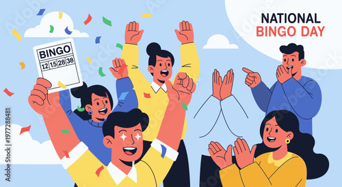 People celebrate National Bingo Day with confetti and cards in a joyful event