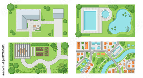 Aerial view of four different property and landscape designs