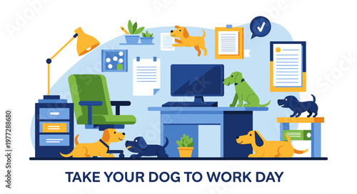 Dogs play with coworkers in a lively office on Take Your Dog to Work Day