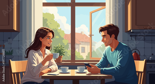 Couple Drinking Coffee at Table Together.