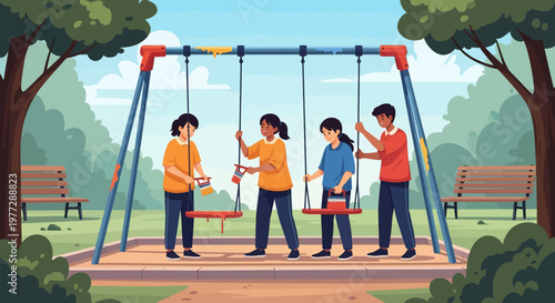 Children Playing on Swing Set Together.