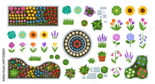 Colorful assortment of flowers plants and garden landscaping elements
