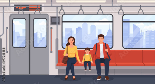 Family of three sitting on subway bench.